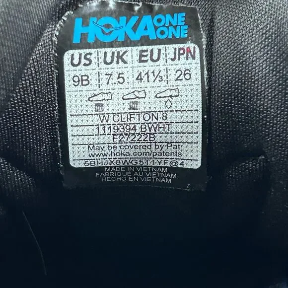 Hoka One One Clifton 8 Women’s Size 9 Black Gym Running Shoes 1119394 BWHT - Picture 7 of 7